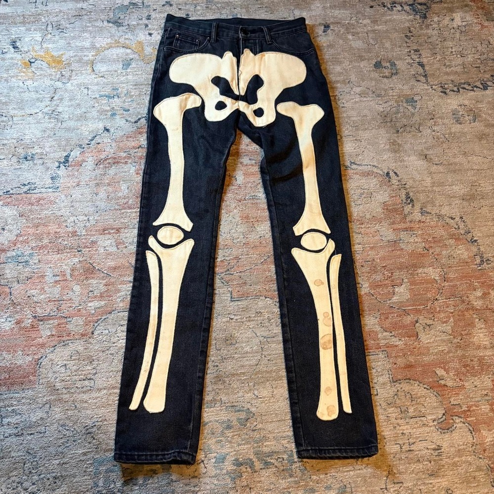 MNML Skeleton Bone Applique Jeans Mens 30 Black Blue Faded Streetwear Denim